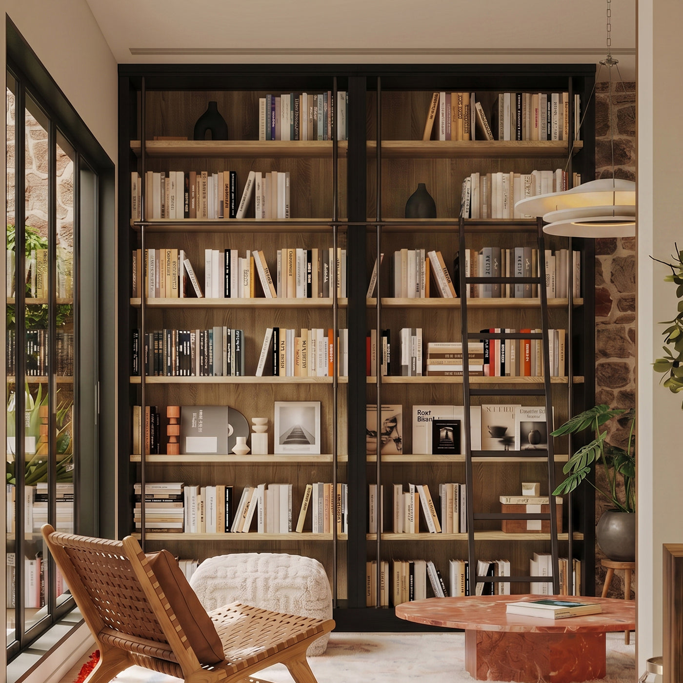 Double Bookcase with Rolling Ladder and 6-Tier Shelves
