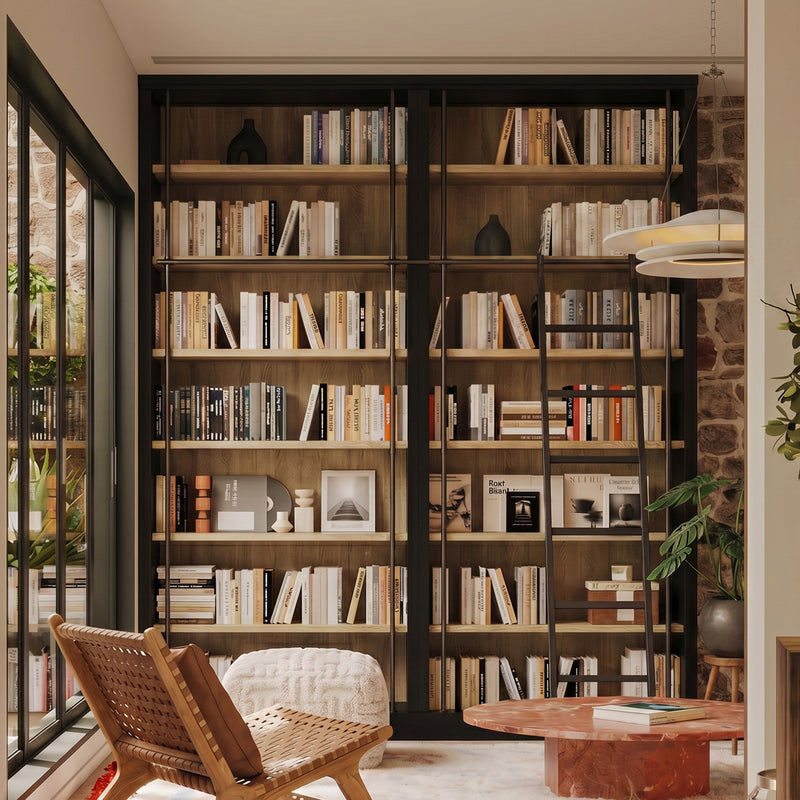Double Bookcase with Rolling Ladder and 6-Tier Shelves