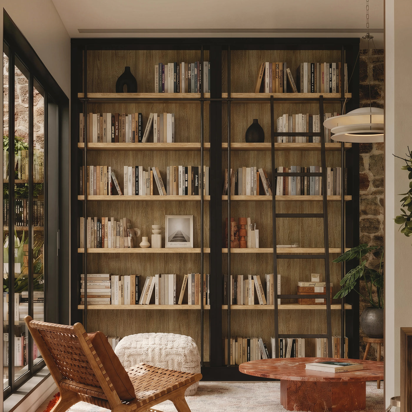 Double Bookcase with Rolling Ladder and 6-Tier Shelves