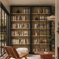 Double Bookcase with Rolling Ladder and 6-Tier Shelves