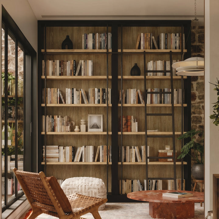 Double Bookcase with Rolling Ladder and 6-Tier Shelves