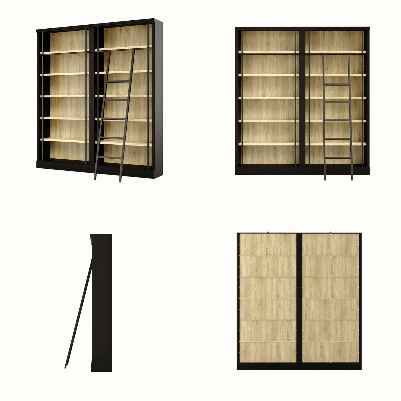 Double Bookcase with Rolling Ladder and 6-Tier Shelves