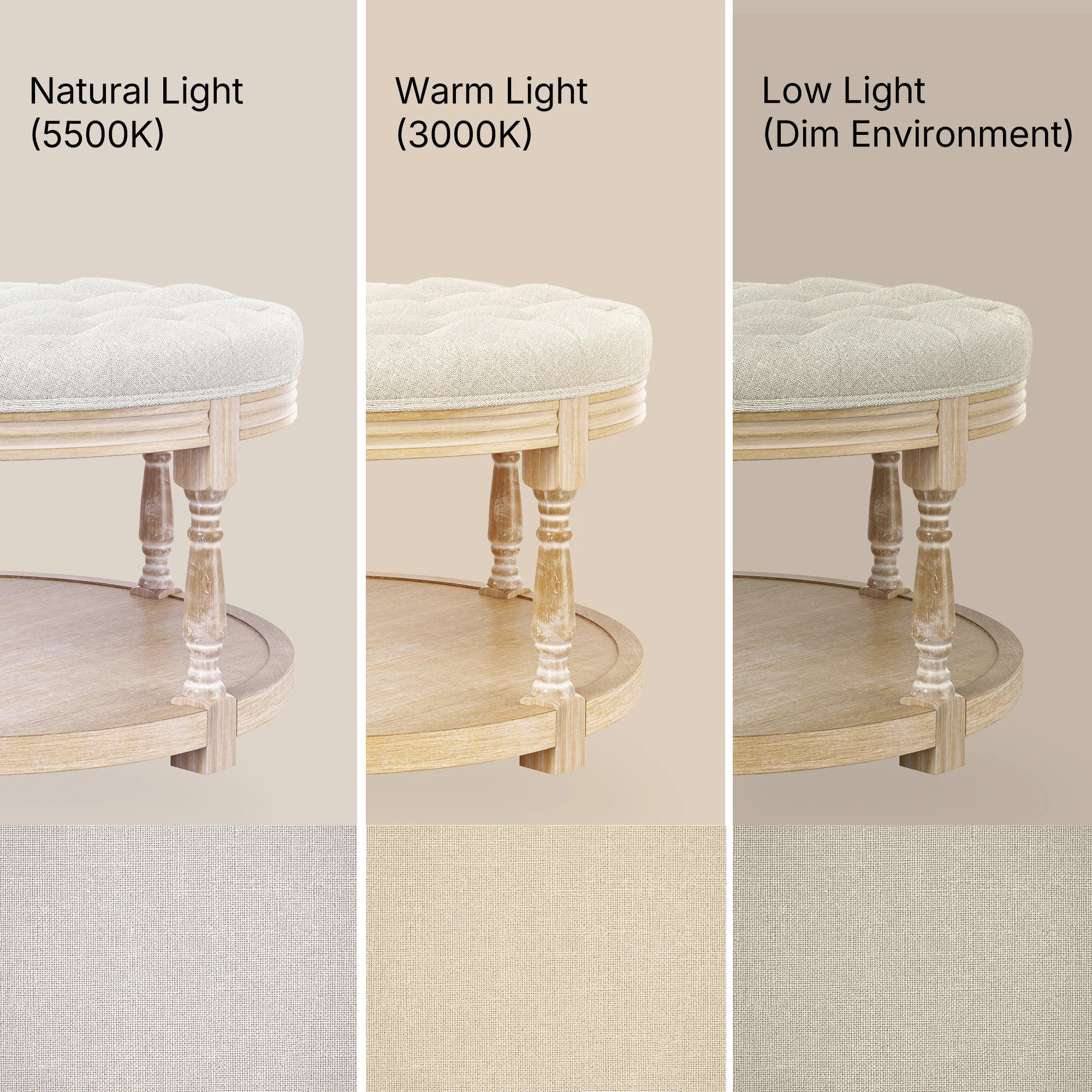 Upholstered Round Coffee Table with Open Shelf Base