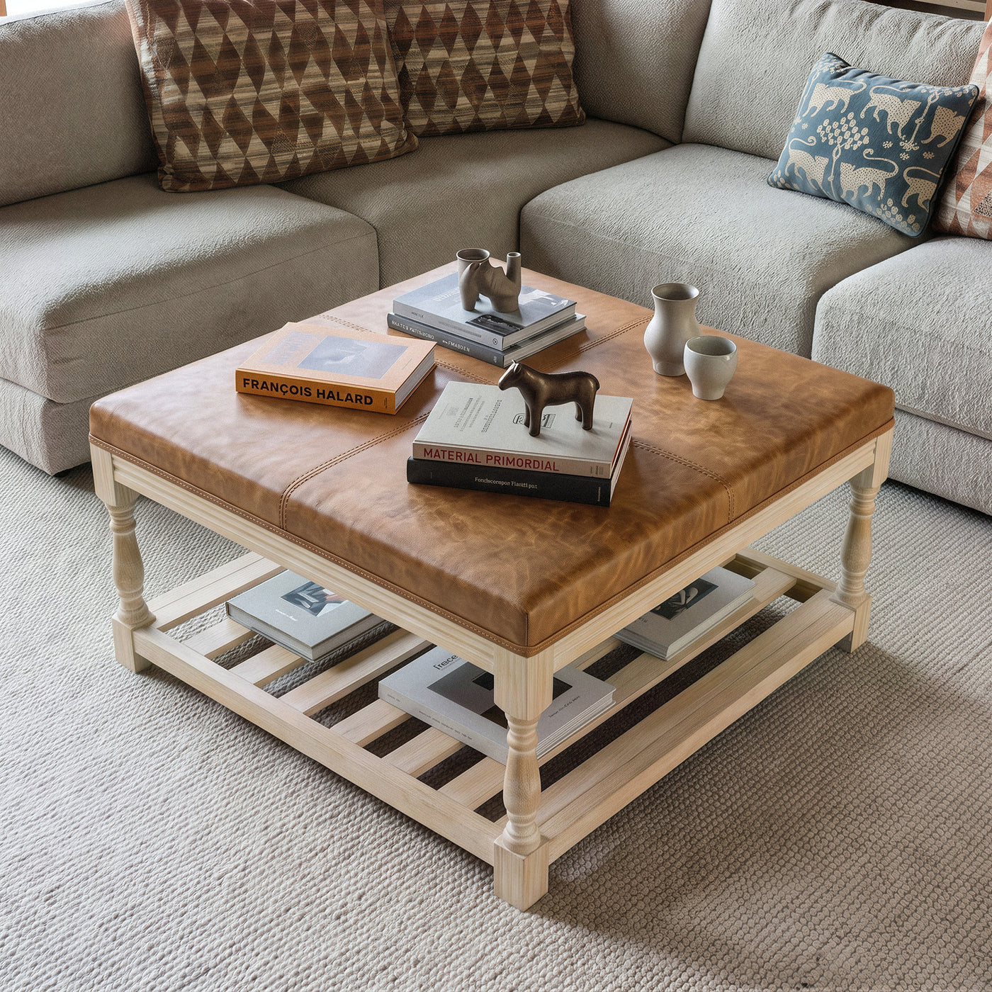Leather-Top Square Coffee Table with Open Shelf