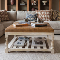 Leather-Top Square Coffee Table with Open Shelf