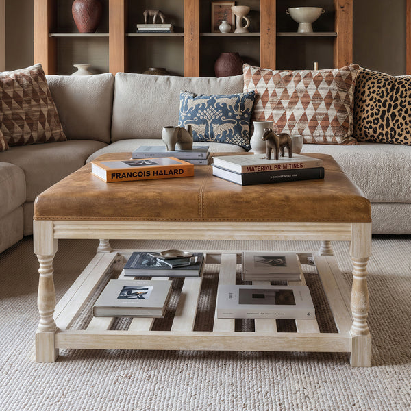 Leather-Top Square Coffee Table with Open Shelf