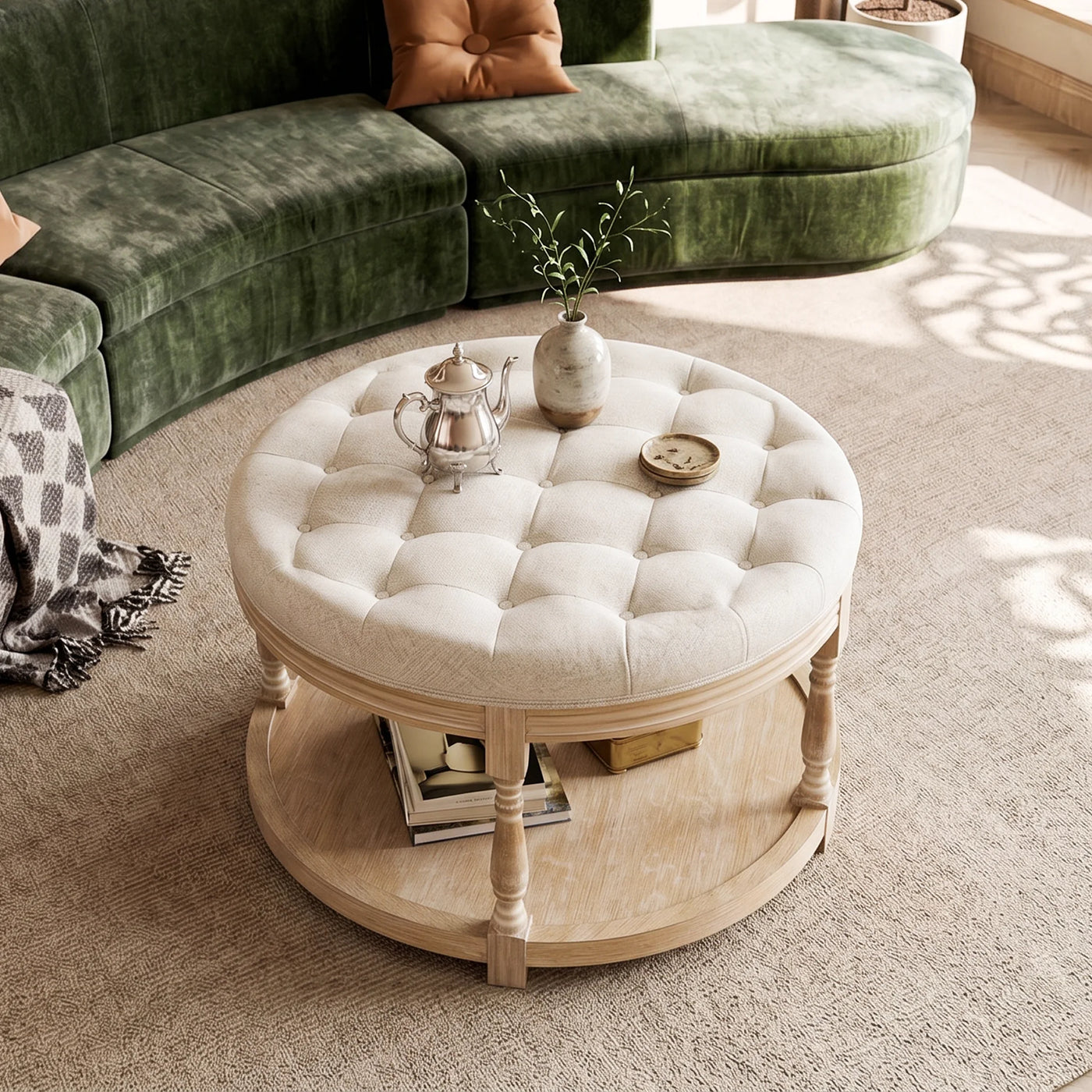 Upholstered Round Coffee Table with Open Shelf Base