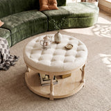 Upholstered Round Coffee Table with Open Shelf Base