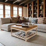 Leather-Top Square Coffee Table with Open Shelf