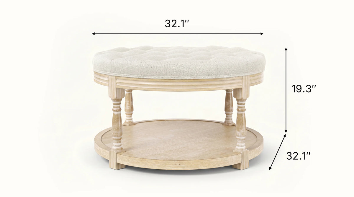 Upholstered Round Coffee Table with Open Shelf Base