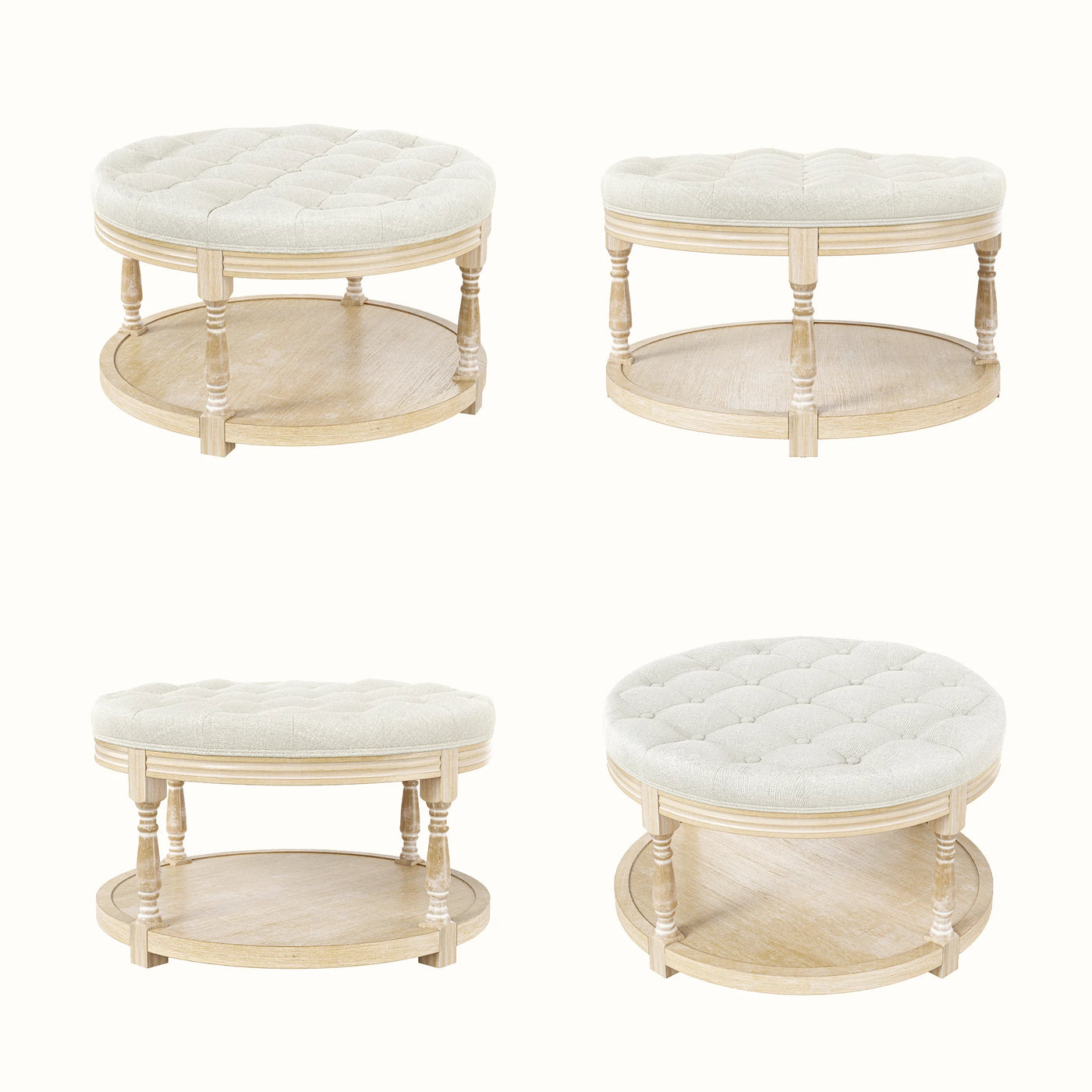 Upholstered Round Coffee Table with Open Shelf Base