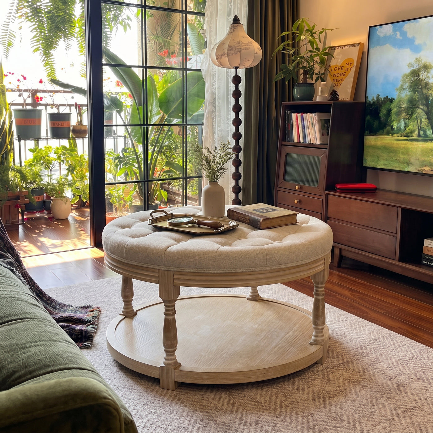 Upholstered Round Coffee Table with Open Shelf Base