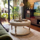 Upholstered Round Coffee Table with Open Shelf Base