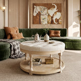 Upholstered Round Coffee Table with Open Shelf Base