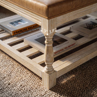 Leather-Top Square Coffee Table with Open Shelf