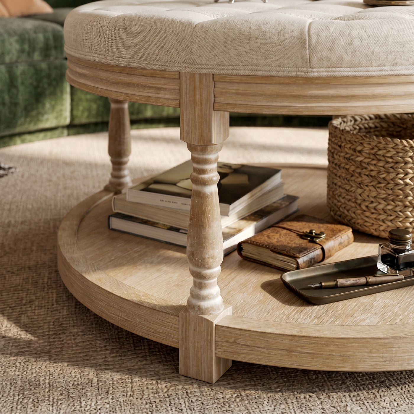 Upholstered Round Coffee Table with Open Shelf Base