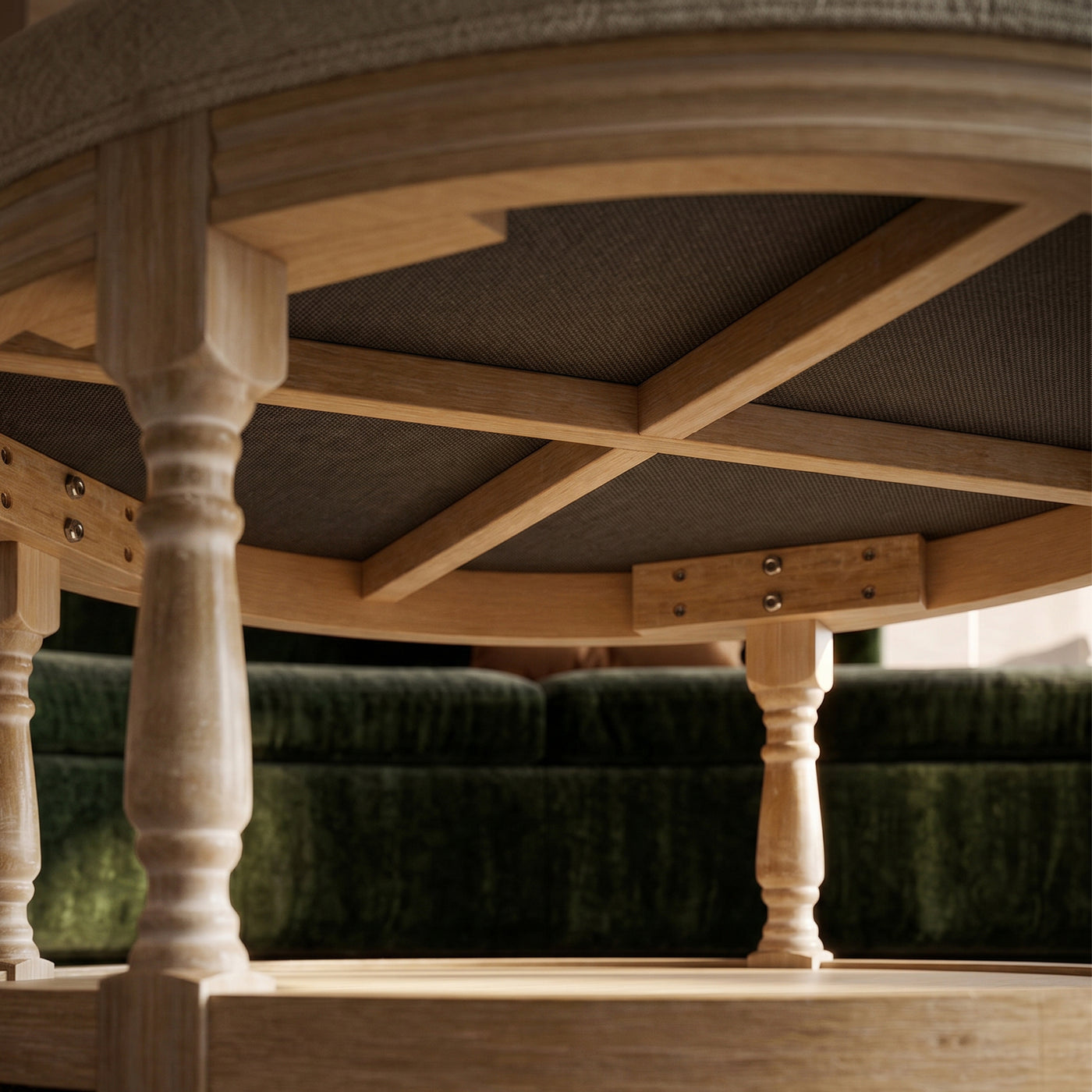 Upholstered Round Coffee Table with Open Shelf Base