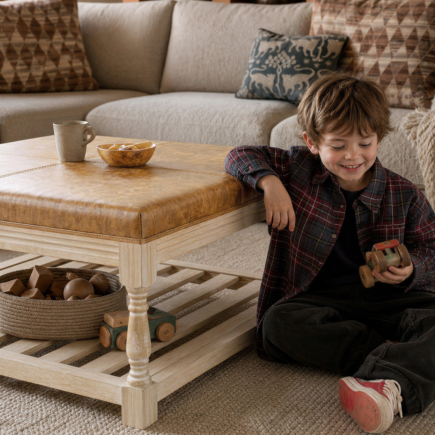 Leather-Top Square Coffee Table with Open Shelf
