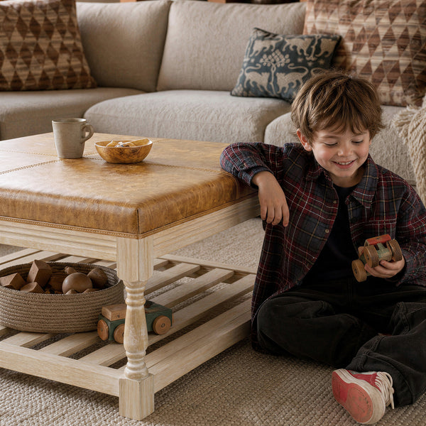 Leather-Top Square Coffee Table with Open Shelf