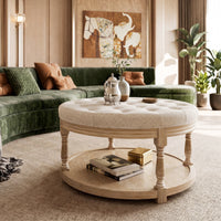 Upholstered Round Coffee Table with Open Shelf Base