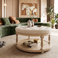 Upholstered Round Coffee Table with Open Shelf Base