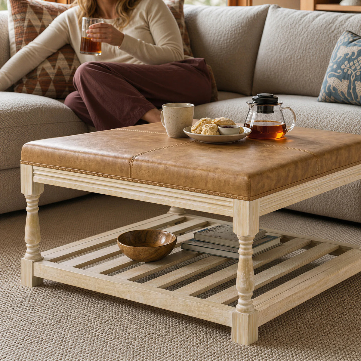 Leather-Top Square Coffee Table with Open Shelf