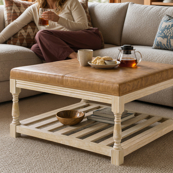 Leather-Top Square Coffee Table with Open Shelf