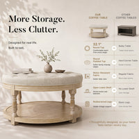 Upholstered Round Coffee Table with Open Shelf Base