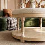 Upholstered Round Coffee Table with Open Shelf Base