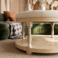 Upholstered Round Coffee Table with Open Shelf Base