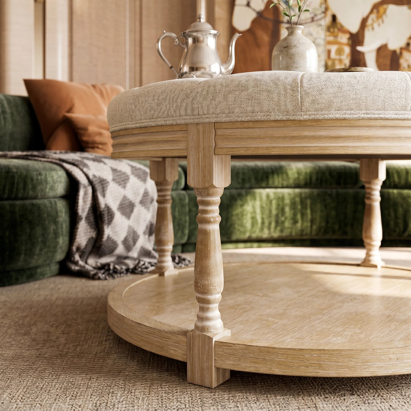 Upholstered Round Coffee Table with Open Shelf Base