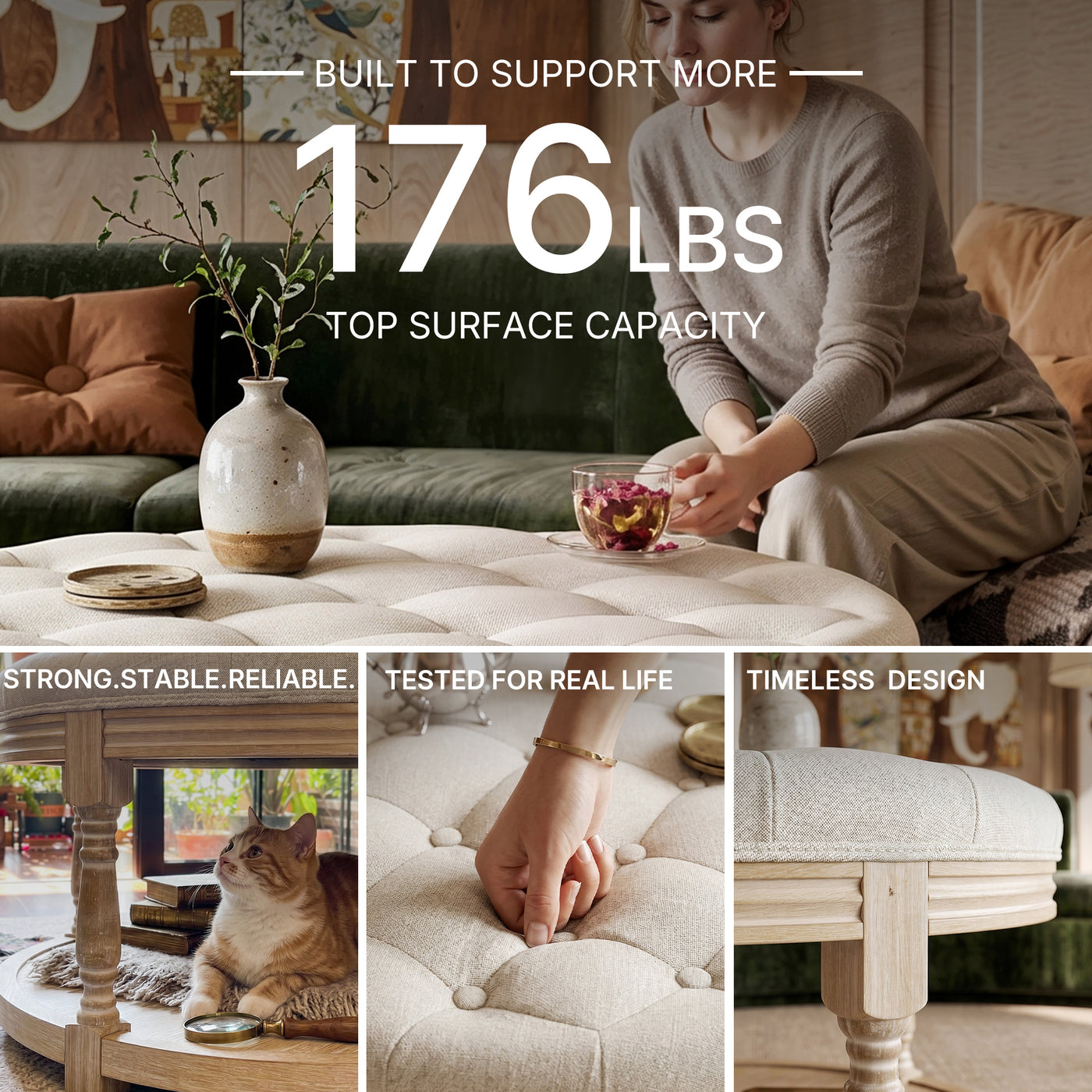 Upholstered Round Coffee Table with Open Shelf Base