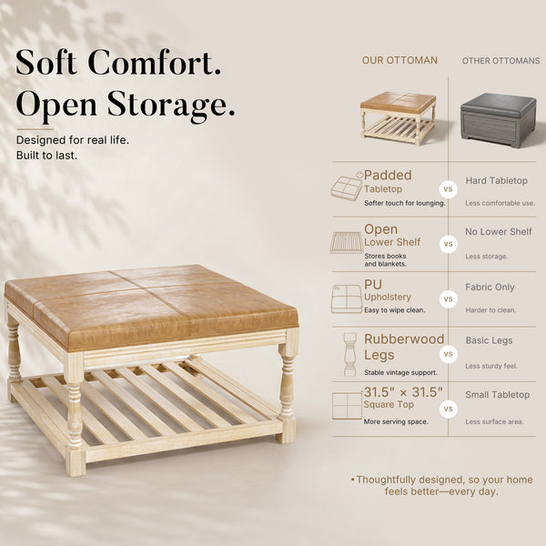 Leather-Top Square Coffee Table with Open Shelf