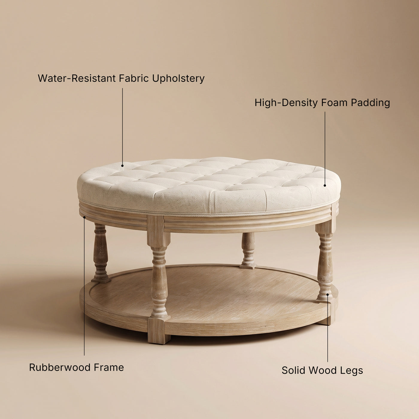 Upholstered Round Coffee Table with Open Shelf Base