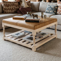 Leather-Top Square Coffee Table with Open Shelf