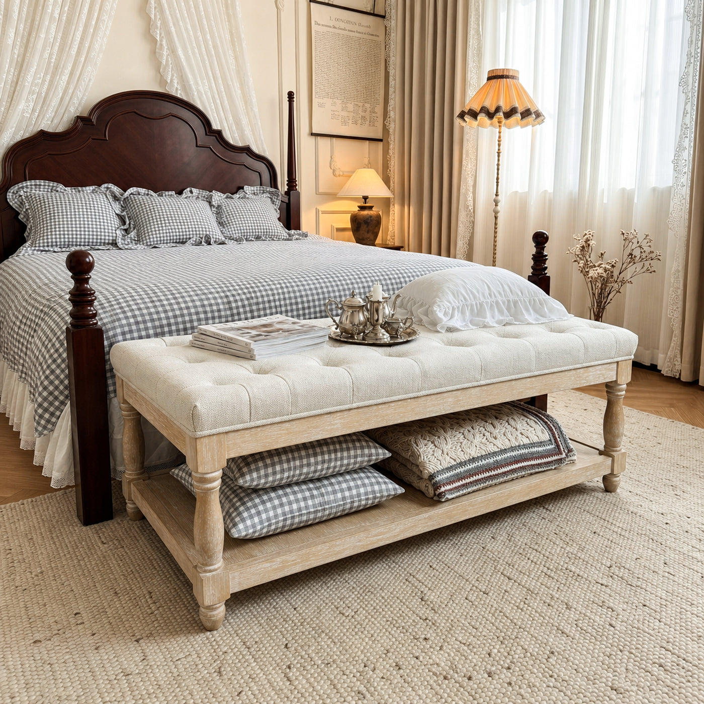 Upholstered Square Coffee Table with Open Shelf Base