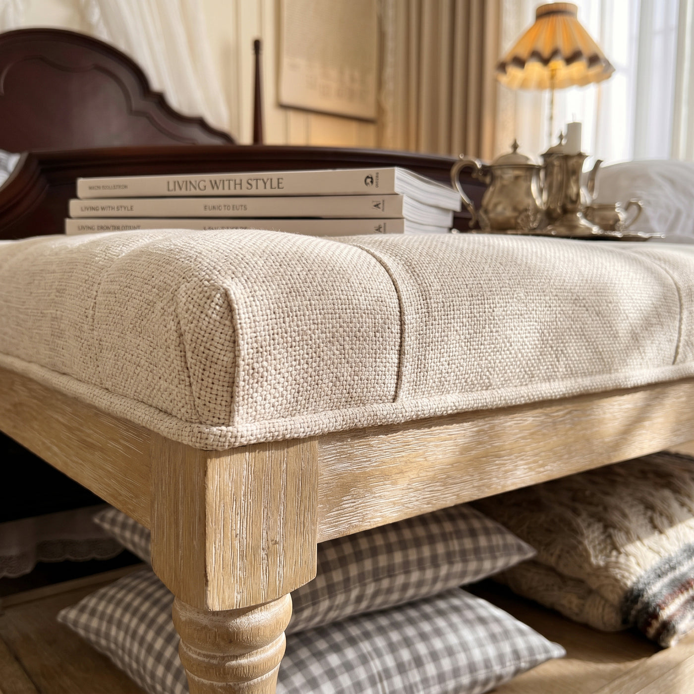 Upholstered Square Coffee Table with Open Shelf Base