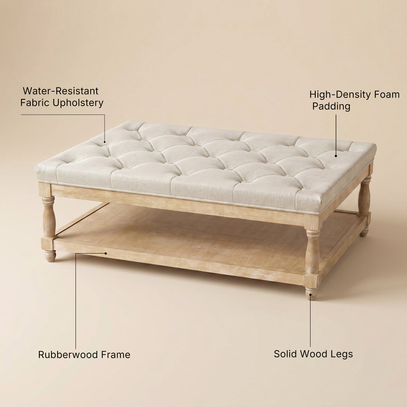 Upholstered Square Coffee Table with Open Shelf Base