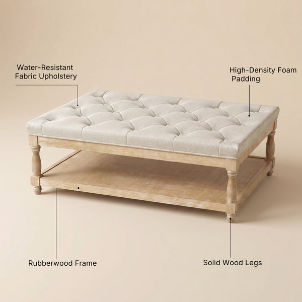 Upholstered Square Coffee Table with Open Shelf Base