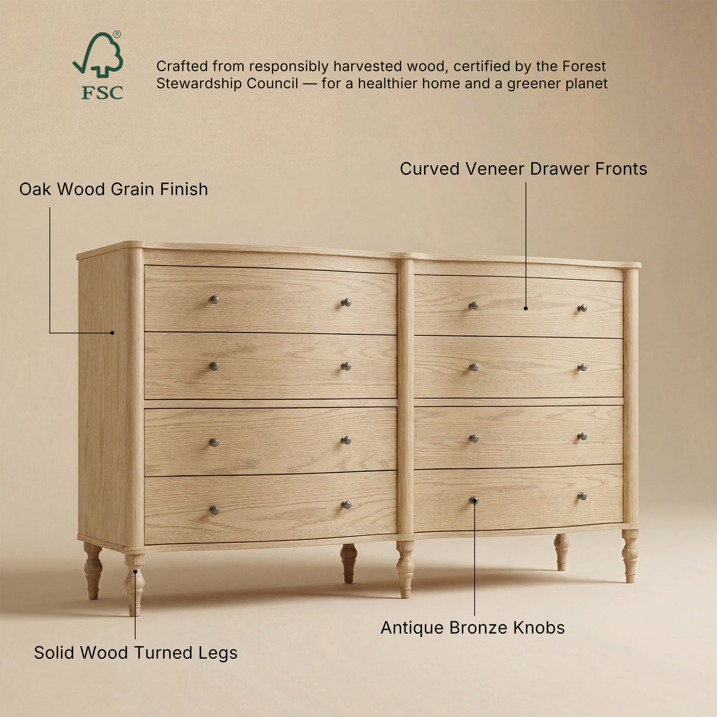 Curva 8-Drawer Double Dresser-Natural