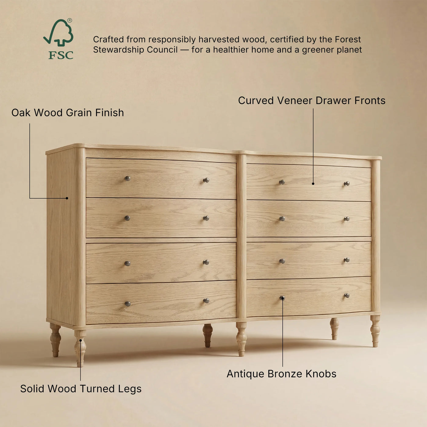 Curva 8-Drawer Double Dresser-Natural
