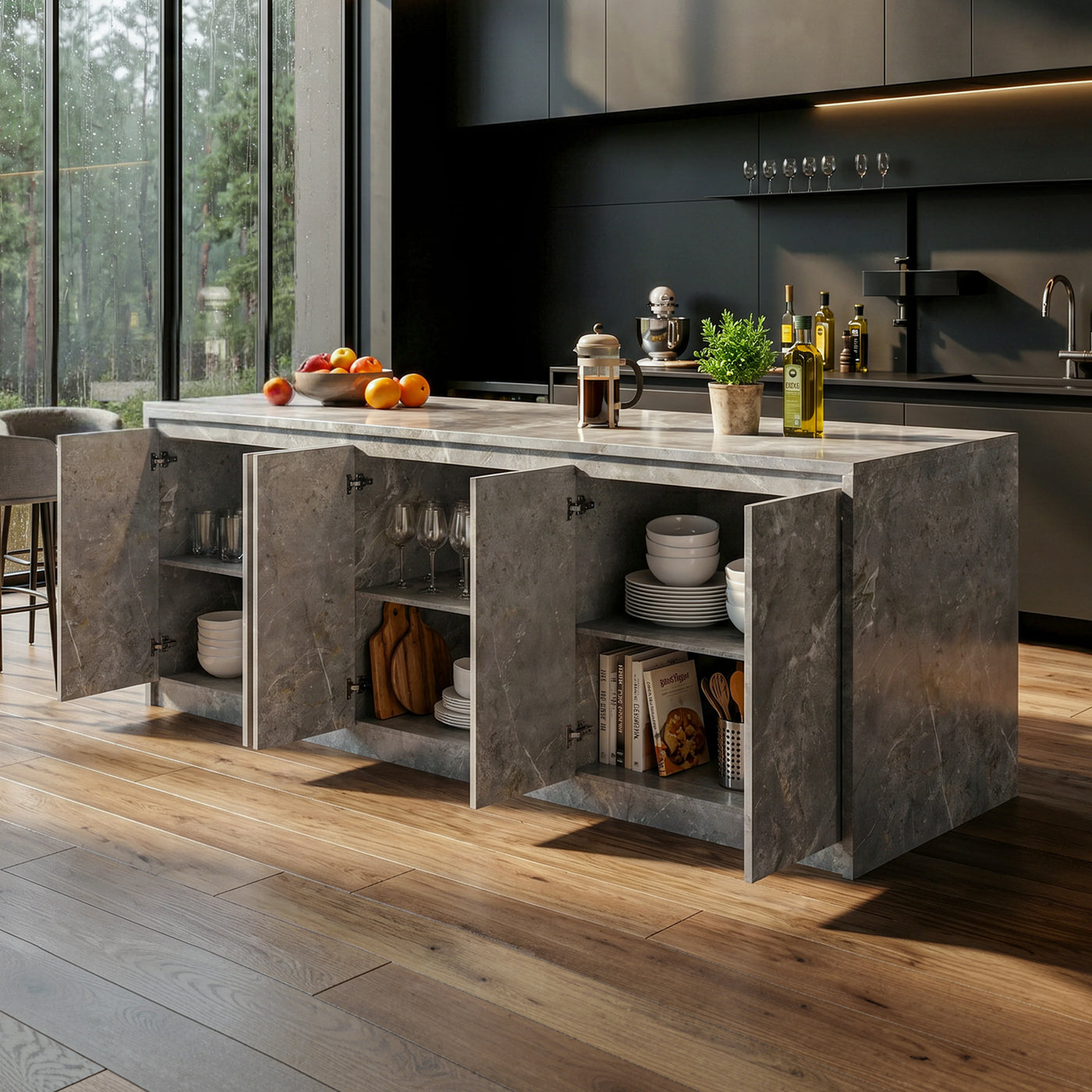 6-Door Kitchen Island with Storage and Seating Space