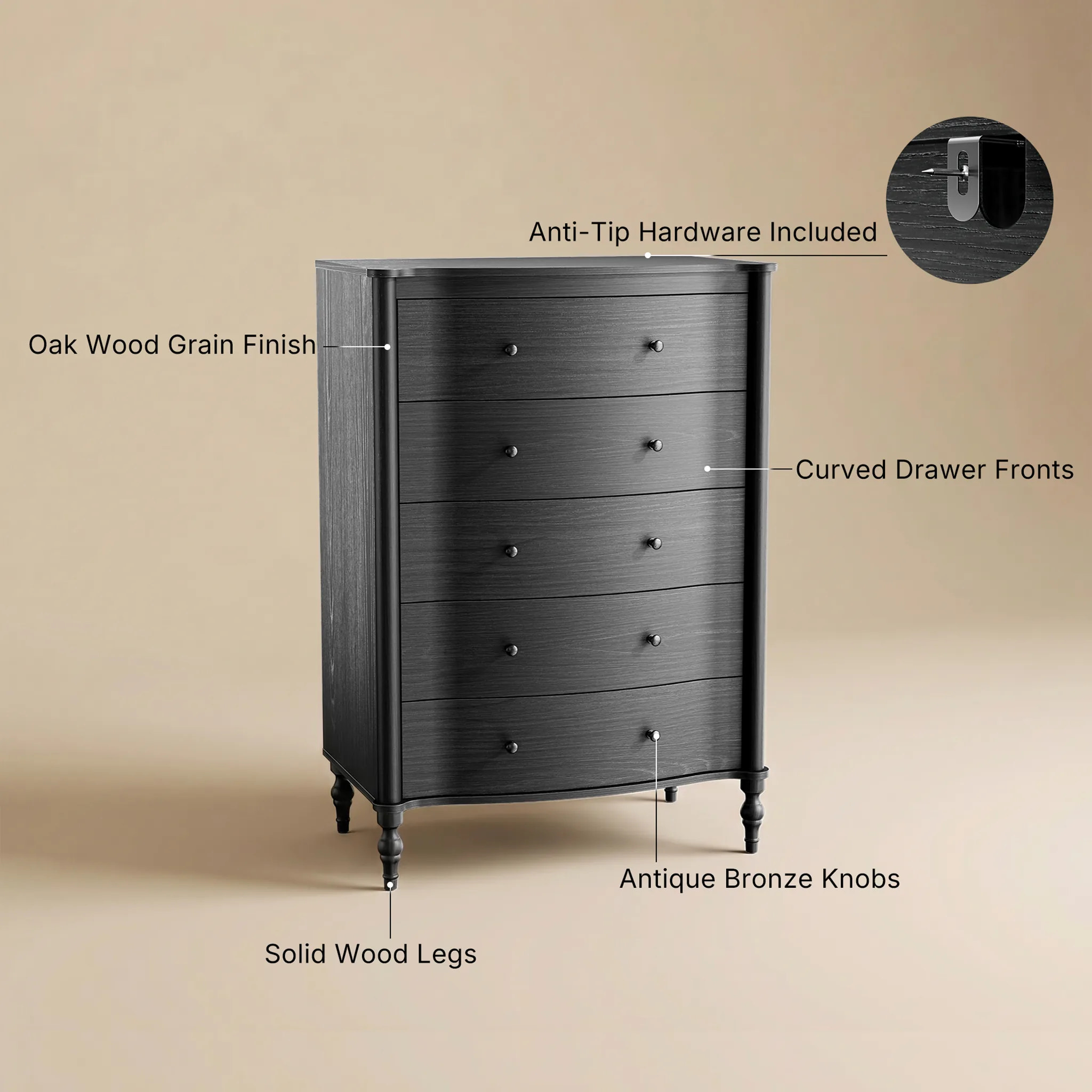 Curva 5-Drawer Chest-Black