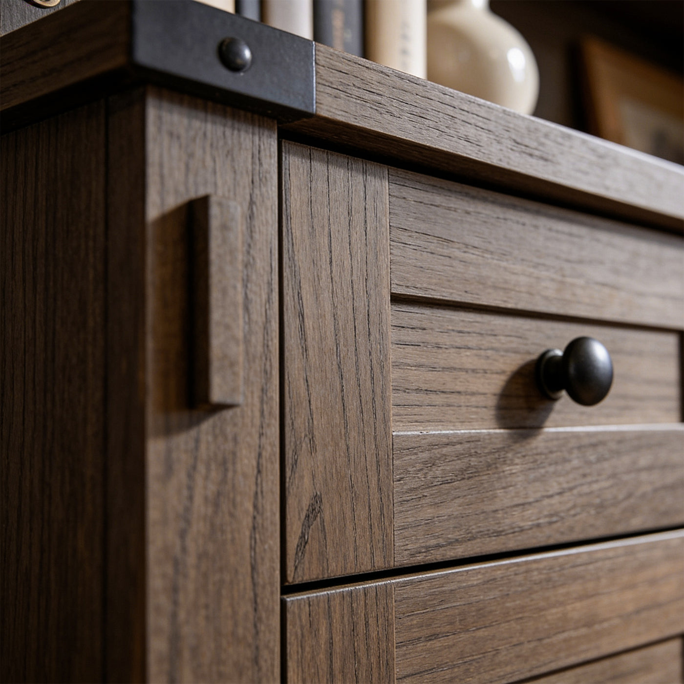Wood Bookcase with Mesh Doors, Drawers and Open Shelving