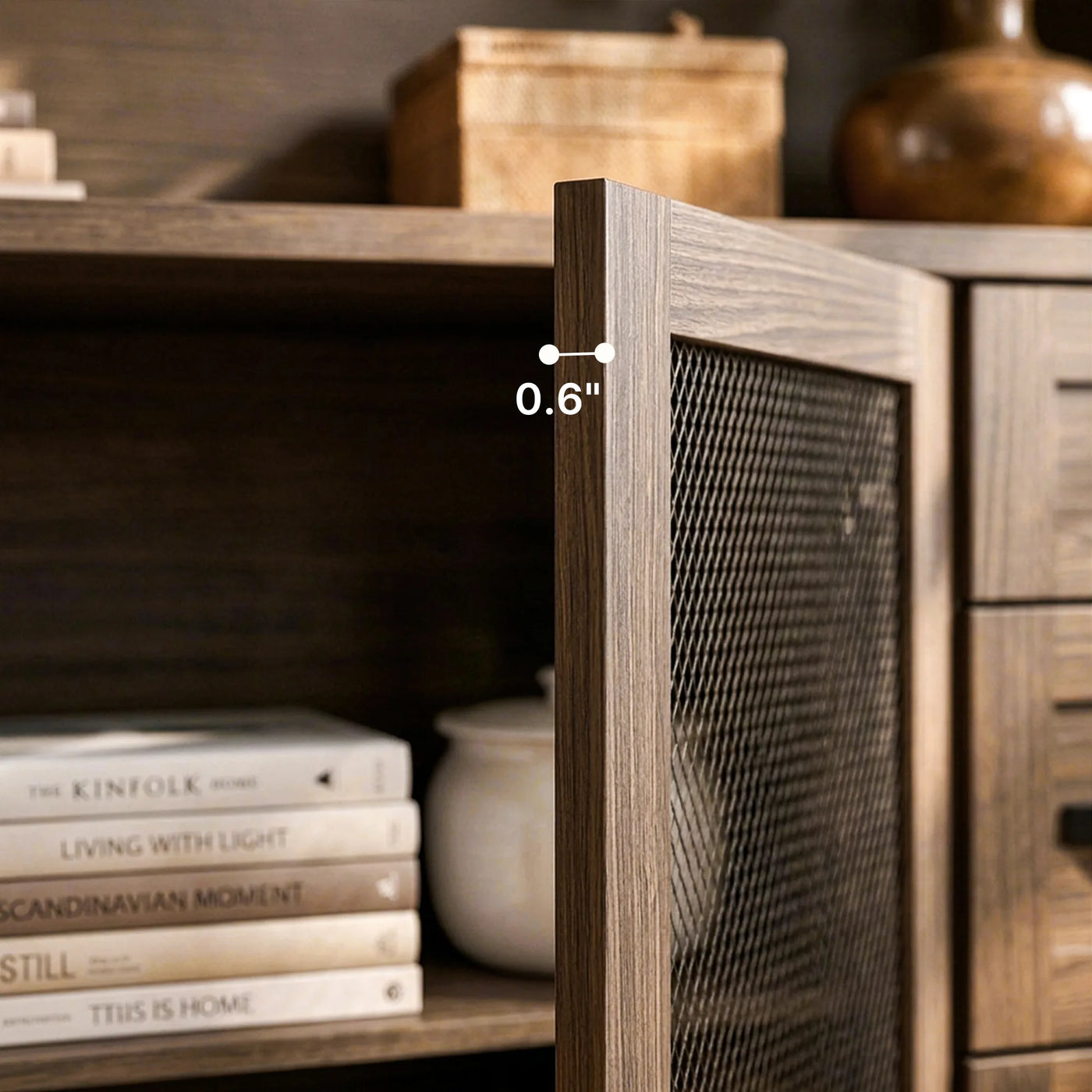Wood Bookcase with Mesh Doors, Drawers and Open Shelving