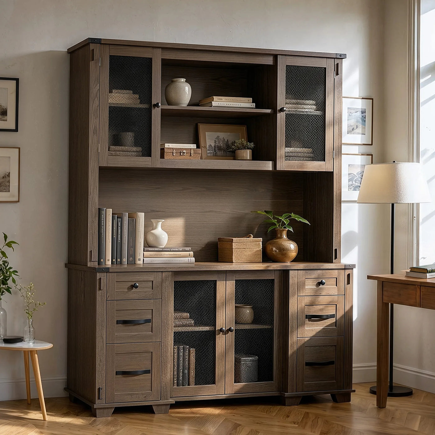 Wood Bookcase with Mesh Doors, Drawers and Open Shelving