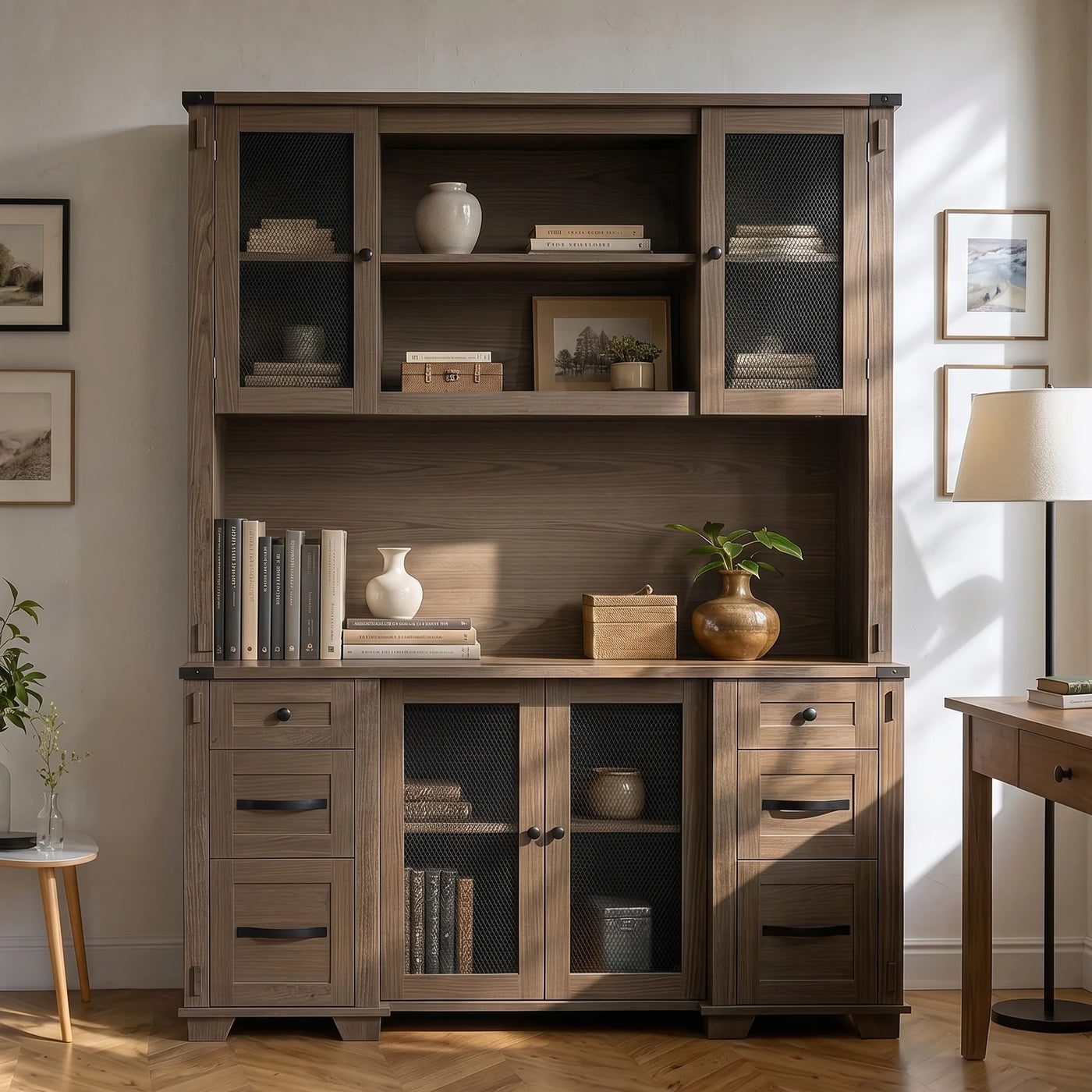 Wood Bookcase with Mesh Doors, Drawers and Open Shelving