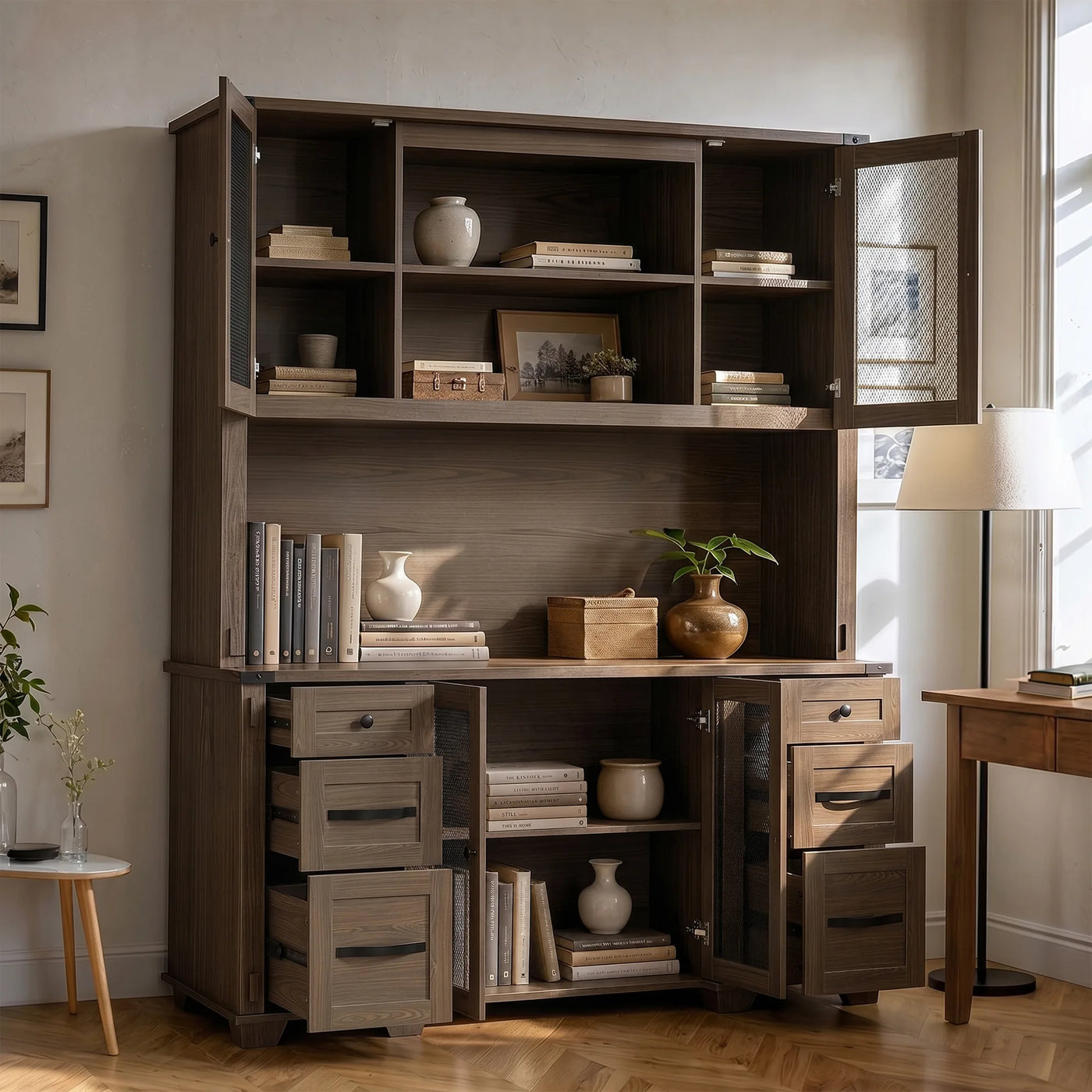 Wood Bookcase with Mesh Doors, Drawers and Open Shelving