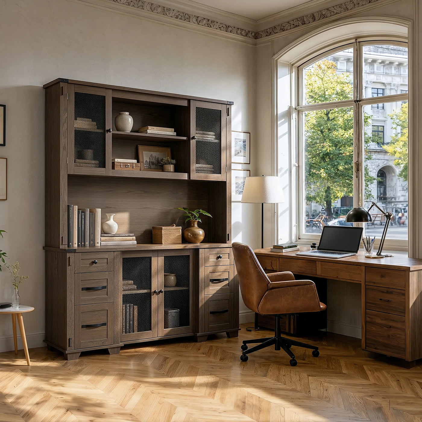 Wood Bookcase with Mesh Doors, Drawers and Open Shelving