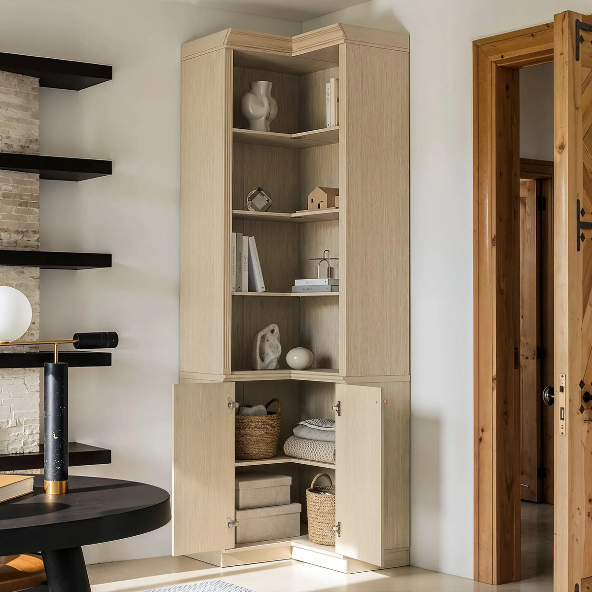Tall Corner Cabinet with 4-Tier Open Shelves